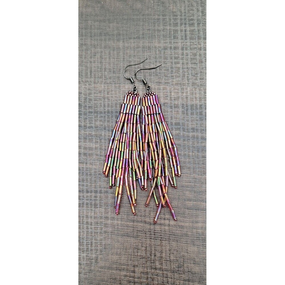 Handmade Beaded Fringe Earrings Rainbow Iridescent